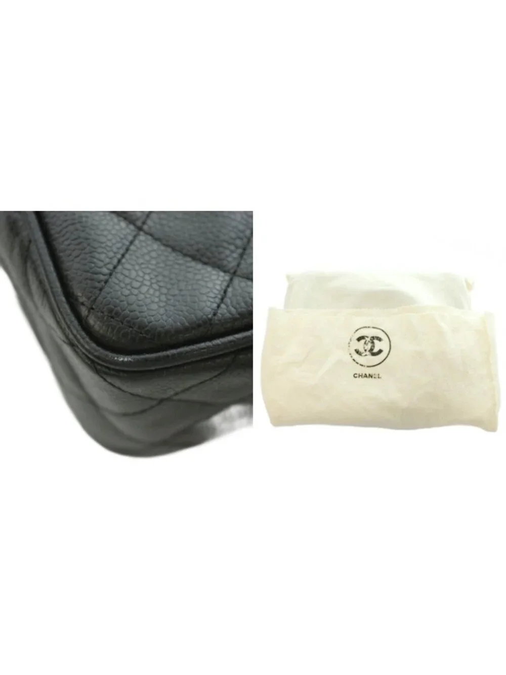 Chanel Quilted Caviar Leather Shoulder Bag CC Logo Tassel Number 2 Black Gold